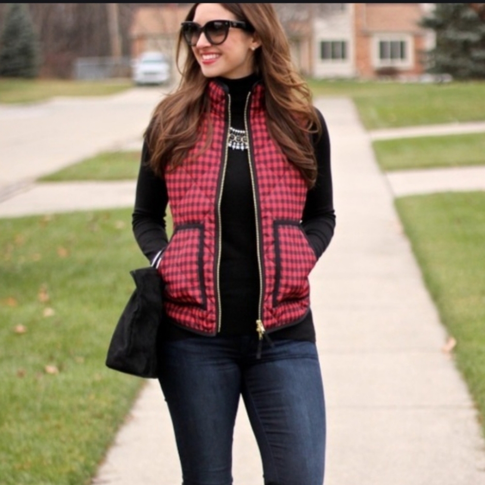 J. Crew Red and Black Houndstooth Quilted Vest